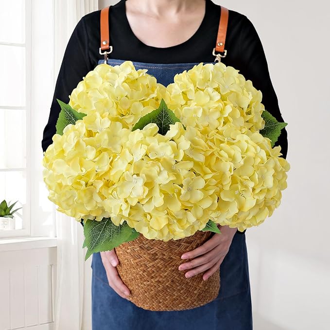 JINWOE Yellow Fake Hydrangea Flower Heads with Stems, 5Pcs 20Inch Full Fake Flowers for Wedding Home Garden Indoor Bouquet Table Centerpieces Floral Arrangements