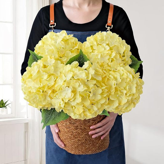 JINWOE Yellow Fake Hydrangea Flower Heads with Stems, 5Pcs 20Inch Full Fake Flowers for Wedding Home Garden Indoor Bouquet Table Centerpieces Floral Arrangements