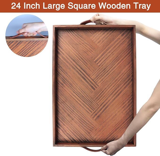 SXNOWS Wooden Serving Tray with Leather Handles, 24x16 in | Large Rectangle Wood Tray,Perfect for Ottoman Coffee Table Living Room and Kitchen, Rustic Gift for Home Decor