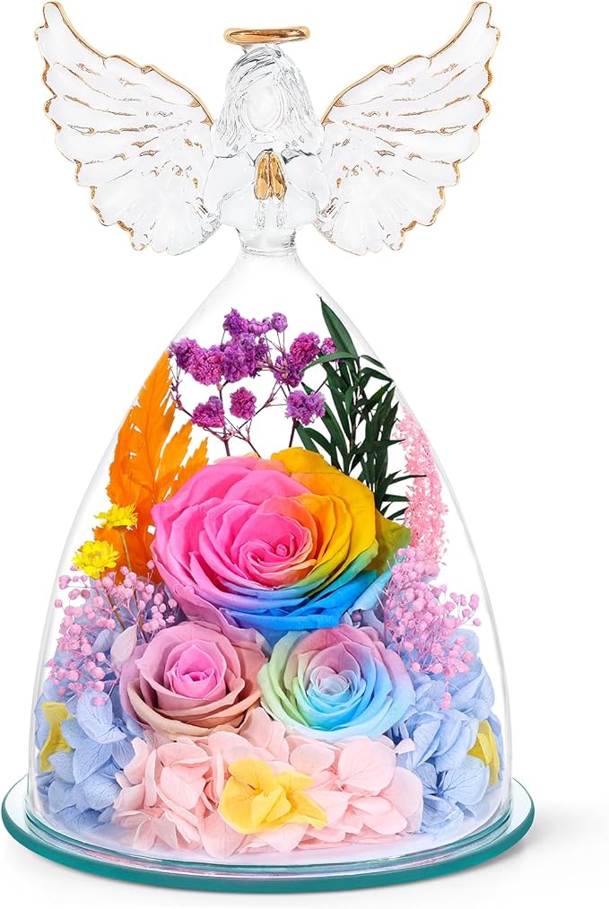 FIACO Gifts for Women Mom Preserved Rose Forever Flower in Glass Angel Figurine Fresh Flowers for Delivery Birthday Gifts for Grandma Wife Sister Eternal Roses
