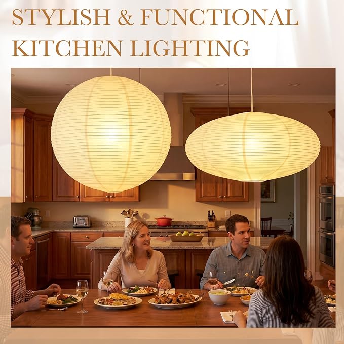Nuanchu 2 Pack 30" Large Hanging Paper Lampshade Set Round and Oval White Lanterns Pendant Ceiling Light Shade with 20ft Cord and Hooks Chinese Foldable Light Covers for Dining Room Home Decor