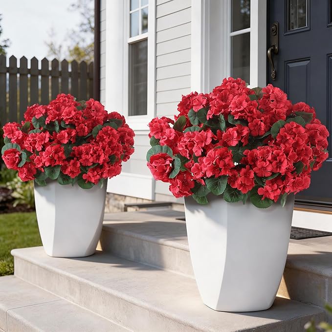 GLIDLION 12 Bundles Artificial Geranium Flowers for Spring Summer Decor, UV-Resistant Fake Plants Realistic Faux Silk Bouquets for Front Door Farmhouse Garden Porch Home Outdoor Decor (Red)