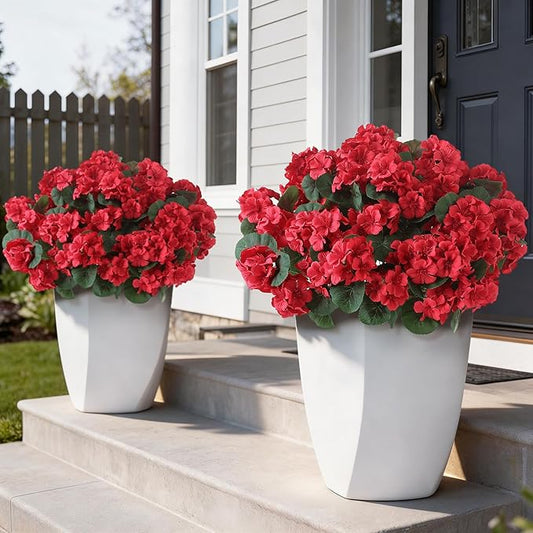GLIDLION 24 Bundles Artificial Geranium Flowers for Spring Summer Decor, UV-Resistant Fake Plants Realistic Faux Silk Bouquets for Front Door Farmhouse Garden Porch Home Outdoor Decor (Red)