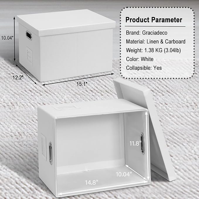 Graciadeco File Organizer Box, Decorative Storage Filling Box with Lid for Letter Legal Size Hanging Folders Collapsible Linen File Folder Box Office Document Storage Filing Bin, White 2 Pack