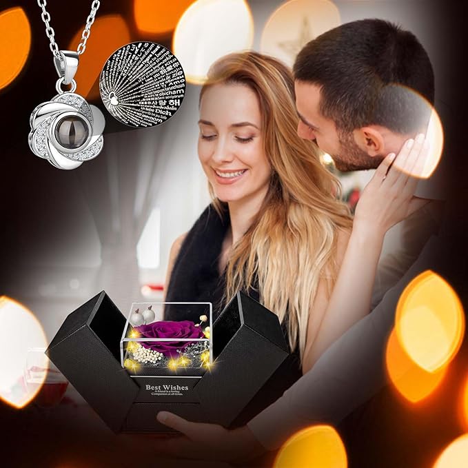 ENERLEAF Preserved Purple Real Rose-Eternal Flowers Rose Gifts for Mom Grandma Wife Girlfriend on Mothers Day Birthday Valentines Christmas Anniversary Romantic Gifts for Her with I Love You Necklace