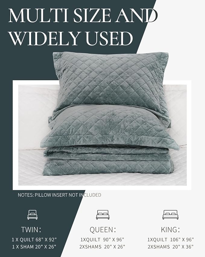 Luxury Velvet Queen Quilt Set, Ultra Soft Lightweight Velvet Comforter Set, Oversized Bedspread Coverlet with 2 Shams Diamond Pattern, for All Season (Blue)