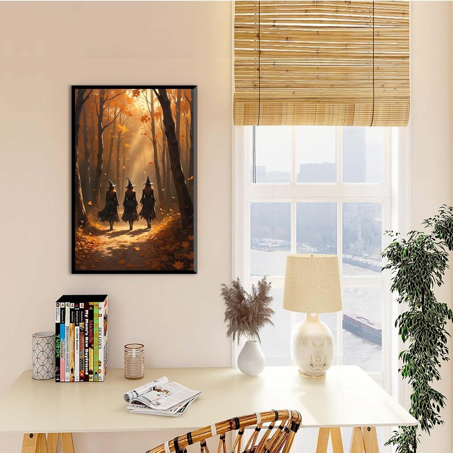 JFHCQJPK Three witches walking in the forest in autumn canvas painting gothic poster halloween print country witch wall art for home decoration16x24in Metal blackFramed