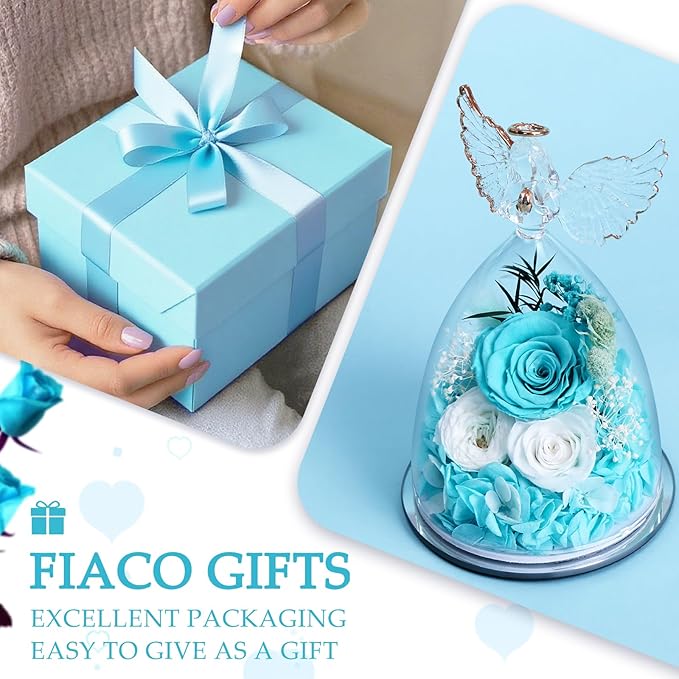 FIACO Gifts for Women Mom Preserved Rose Forever Flower in Glass Angel Figurine Fresh Flowers for Delivery Birthday Gifts for Grandma Wife Sister Christmas Anniversary Eternal Roses