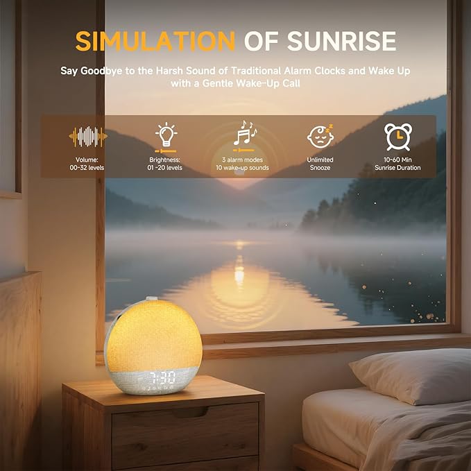 Geuuap Sunrise Alarm Clock White Noise Sound Machine for Bedroom | Natural Wake-Up Light with 30 Soothing Sleep Aids, Bluetooth Speaker, Dimmable Clock, Screen-Free Design for Baby Adults Kids-White