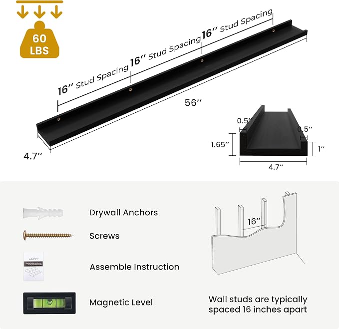 Acovy Solid Ash Wood Picture Ledge Shelf, 56 Inch, Black, Set of 2 | Floating Shelves, Wall Mounted, For Living Room Bedroom Kitchen Nursery, Kids Bookshelf