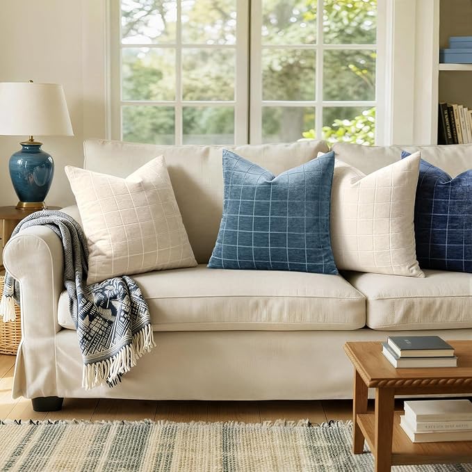 MIULEE Decorative Chenille Check Throw Pillow Covers Vintage Plaid Couch Pillows 20x20 Inch Set of 2 Neutral Boho Farmhouse Cushion Covers Modern Spring Coastal Decor for Sofa Bed Living Room Blue