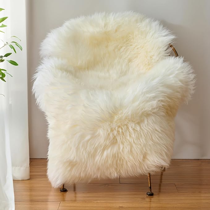 Premium Genuine Sheepskin Area Ruge - Real Wool Fur Shaggy Carpet | Fluffy Soft Natural Lambskin Rug Seat Chair Covers for Couch Sofa Bedroom Living Room(Ivory White,2×3 Feet Sheepskin)