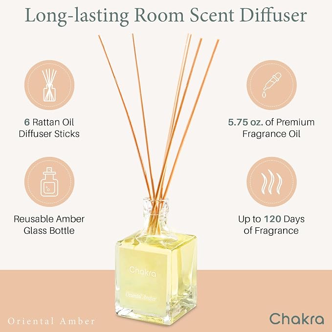 Chakra Reed Diffuser Set - Reed Diffusers for Home, Office and Living Spaces with Long-Lasting Fragrance, Scent Diffuser with Decorative Glass Bottle & Bamboo Sticks, 3.3 fl oz, Oriental Amber
