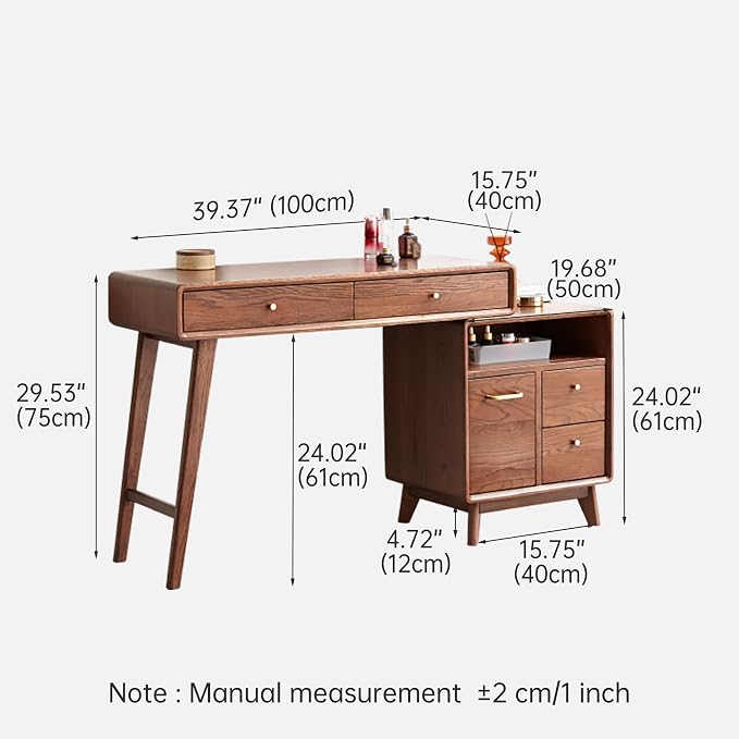 Extendable Vanity Desk with Dresser, 40 to 57 Inch Oak Makeup Table, Storage Writing Desk for Bedroom, Vanity Set for Girls and Women, No Chair