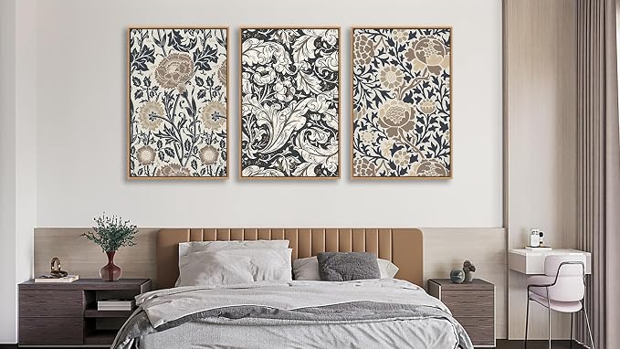 Large Flowers Wall Art for Living Room Natural Wood Float Framed Art Set of 3 William Morris Floral Canvas Pictures Vintage Artwork Botanical Canvas Poster Prints for Bedroom Wall Decor 32"X48"X3