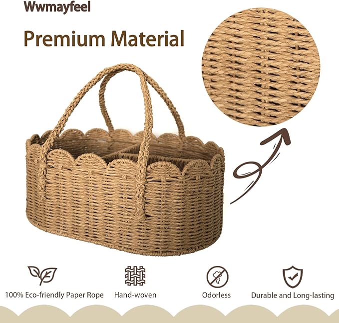 Diaper Caddy Organizer, Paper Rope Storage Baskets Nursery Bin with Removable Divider, Portable Car Organizer for Diapers, Baby Shower Gifts, Newborn Essentials Must Haves
