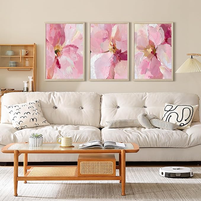 Abstract Floral Wall Art Pink Flower Canvas Pictures Modern Wall Decor Blush Pastel Pink Prints Peony Painting Minimalist Poster Botanical Artwork for Bedroom Living Room 16x24x3 Inch Wood Framed