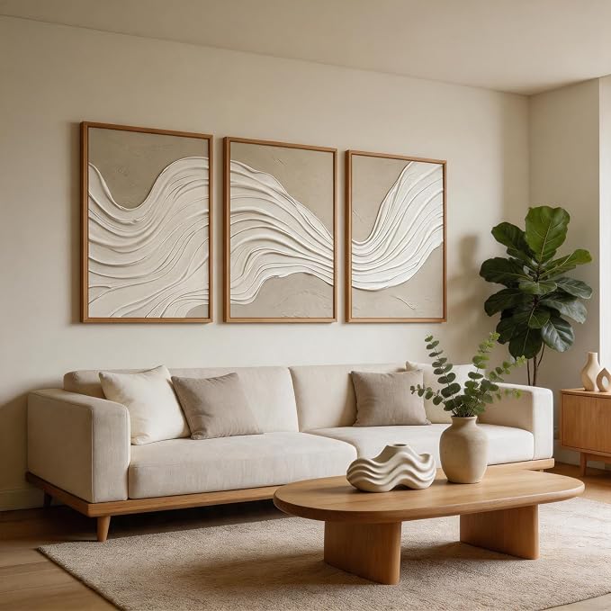 CHDITB 3D Textured Relief Sculpture Framed Canvas Wall Art Set, Neutral Earth Tone Abstract Wave Minimalist Texture Art Prints, Modern Wall Decor for Living Room Hallway Bedroom Home Decor 24"x36"x3