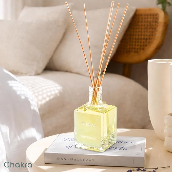 Chakra Reed Diffuser Set - Reed Diffusers for Home, Office and Living Spaces with Long-Lasting Fragrance, Scent Diffuser with Decorative Glass Bottle & Bamboo Sticks, 3.3 fl oz, Oriental Amber