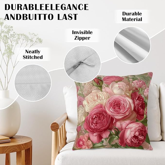 Rose Floral Pillow Covers Vintage Spring Summer Shabby Chic Pink Flower Throw Pillow Covers 20x20 Set of 2 Rustic Rose Farmhouse Pillow Cases for Home Bedroom Couch Decor