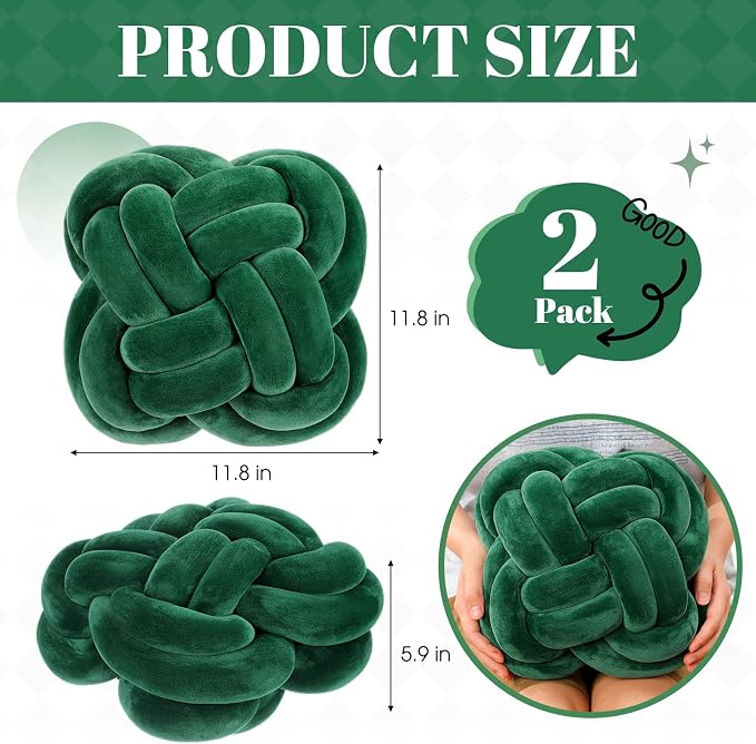 Beeveer 2 Pcs Knot Pillow Balls Set, 12 Inch Soft Decorative Throw Knot Pillow Ball, Large Square Knotted Floor Cushion for Living Room Bedroom Sofa Couch Bed Home Decoration(Dark Green)
