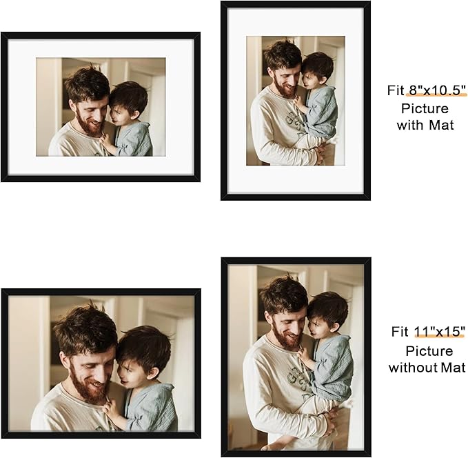 Picrit 11x15 Picture Frame Set of 12, Display 8.5x11 with Mat or 11x15 without Mat, Photo Frames for Wall Mounting Display, Black