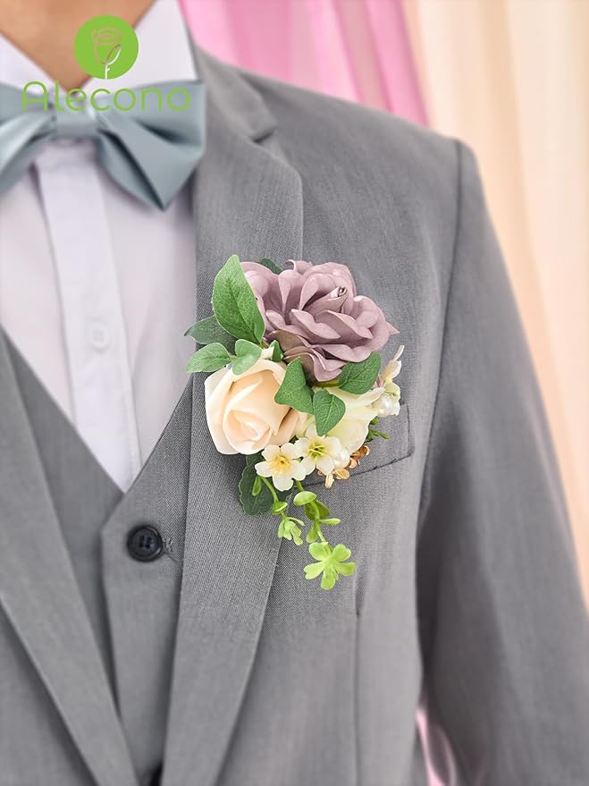 Alecono Boutonniere for Men, Set of 2 for Wedding Groom Groomsmen, Purple Artificial Flowers for Ceremony Anniversary Marriage Graduation Prom Dinner Party Homecoming