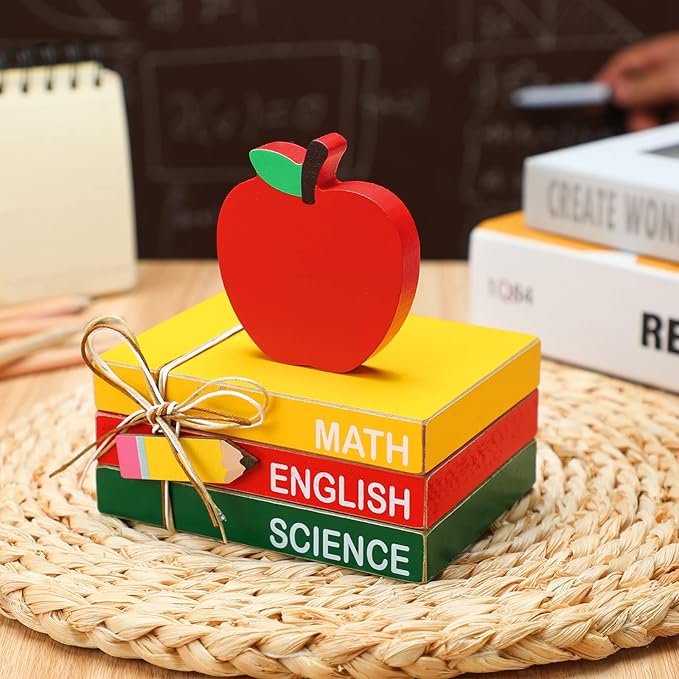 Pinkunn 4 Pcs Back to School Table Decorations Wooden Apple Prop Book Stack Decor for Classroom First Day of School Centerpiece Desktop Tiered Tray for Teacher Office Desk Shelf