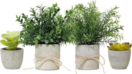 4 Pack Small Fake Plants in Pot for Home Decor, Artificial Plants Indoor, Small Faux Succulents Plants Indoor for Bathroom Bedroom Kitchen Office Farmhouse Room Shelf Decor