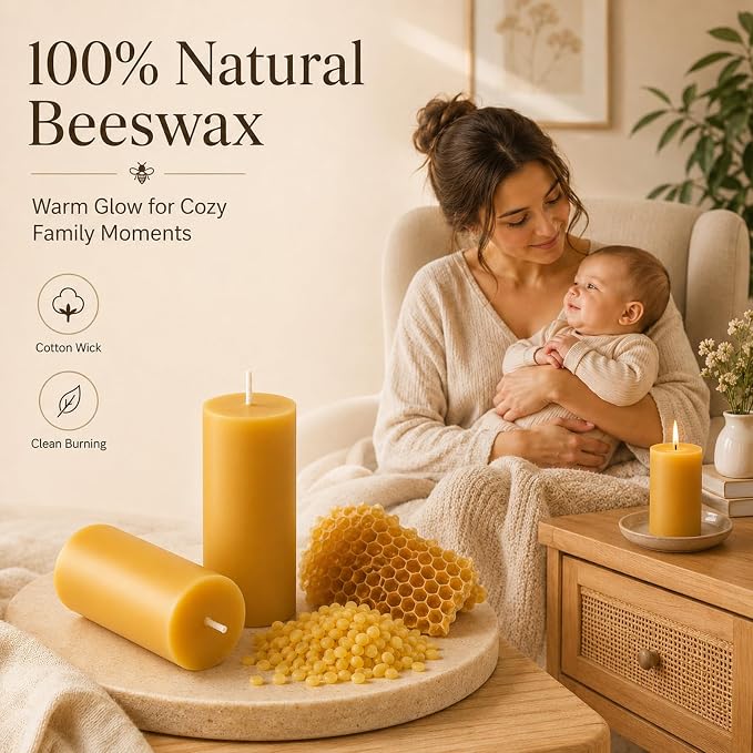 3 Pack Beeswax Candles, Non Toxic Natural Beeswax Pillar Candle for Home | Beeswax, Emergency, 2x4 Inch Organic Candles, 35 Hours Long Burning, Unscented Decorative Small Candle, Prayer Dripless