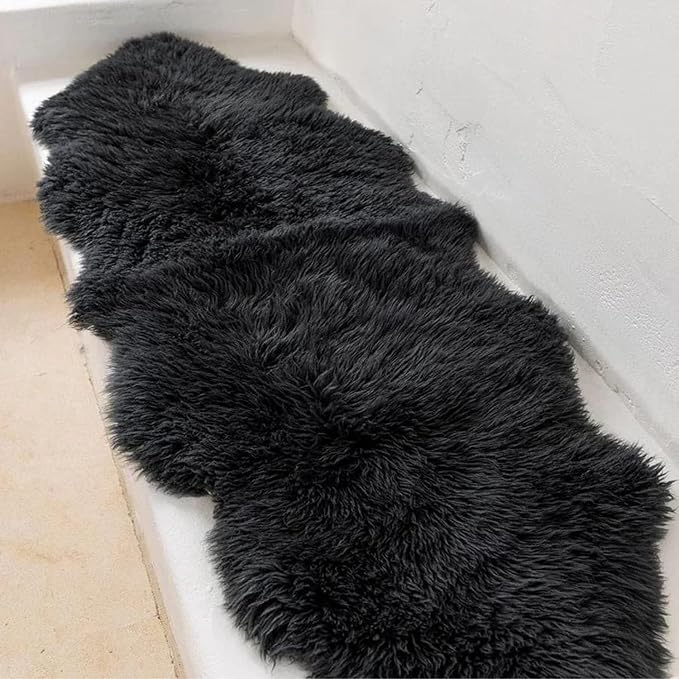 Woolous Black Sheepskin Rug 2x6 ft Genuine Double Pelt Plush Fur Runner Rug | Real double pelt sheep skin runner rug, soft black plush rug and fur carpet for bedroom, living room, nursery and floor decor