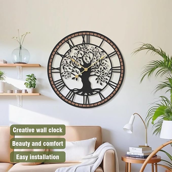 Micasso Wall Clocks Battery Operated: 21Inch Farmhouse Tree of Life Metal with Wood Frame - Rustic Roman Numerals Clock for Bedroom/Office/Living Room/Kitchen - Home Decor for Trendy Fashionistas