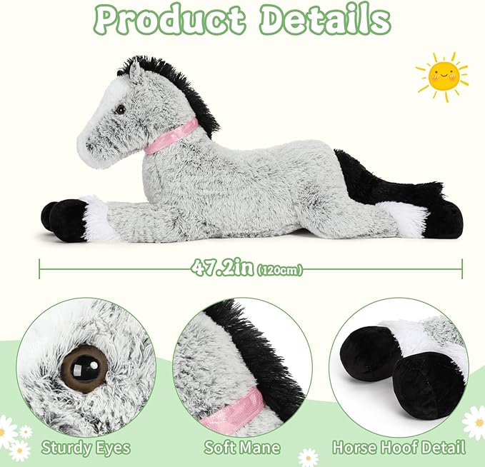 Tezituor 47inches Giant Horse Stuffed Animal, 4ft Long Realistic Horse Farm Plush Body Pillow for Boys Girls, Hugging Soft Pony Plush Toy Gift for Birthday Valentine's Day Decoration