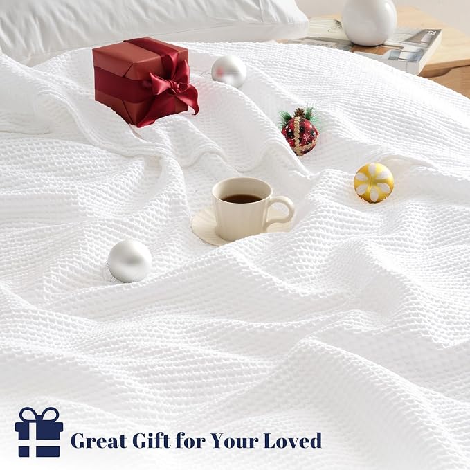 PHF Pre-Washed 100% Cotton Waffle Weave Blanket Twin Size for Bed,Snag Proof Throw Blanket for Couch Spring Summer Lightweight Breathable,Machine Washable, Home Decor Gift - White