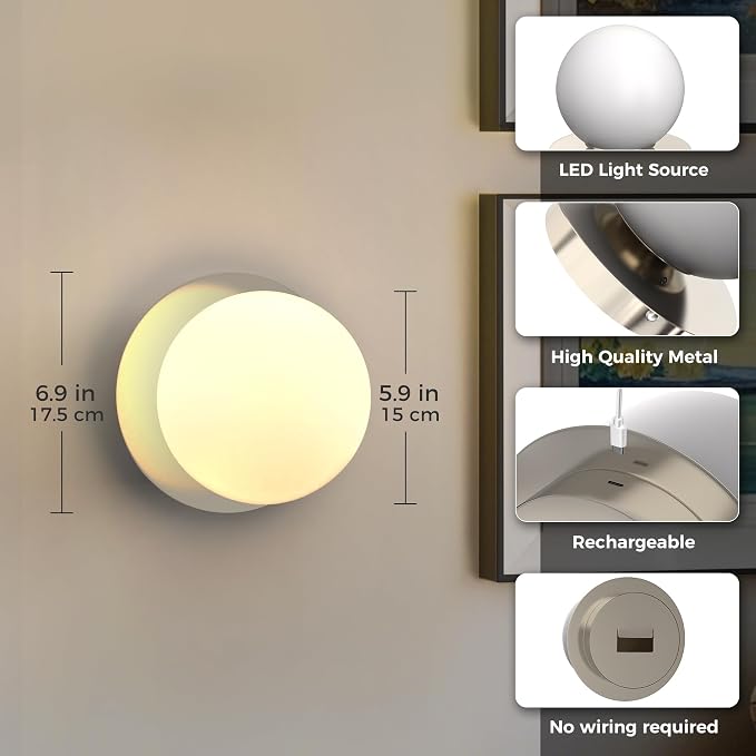 L LOHAS LED Battery Operated Wall Sconce Set of 2, 2-in-1 Rechargeable 10000mAh Wireless Globe Wall Lights with Remote, 16 RGB Colors Dimmable Modern Satin Nickel Sconces for Bedroom Living Room Decor