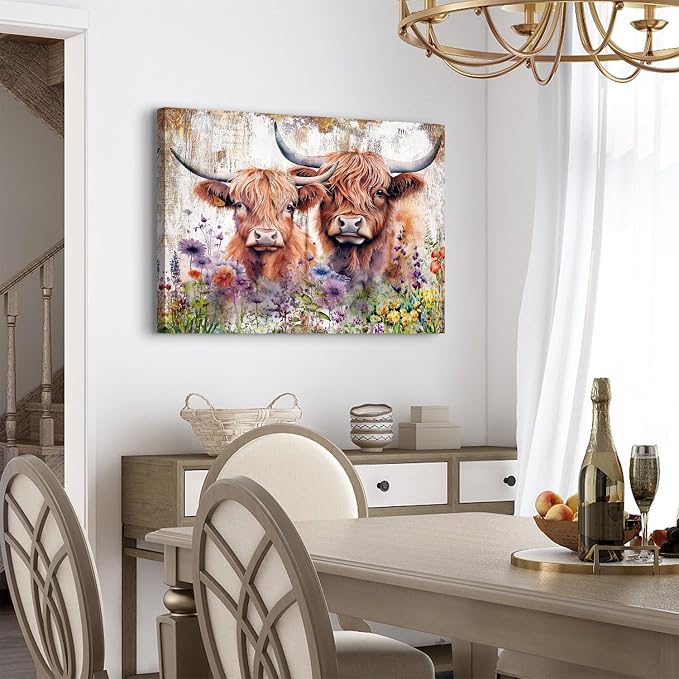 Cute Highland Cow Wall Art Rustic Cows Picture Wall Decor Nursery Room Decor Farmhouse Wildflower Scottish Cow Painting Bathroom Western Country Cattle Poster Artwork for Living Room Decoration 20x30"