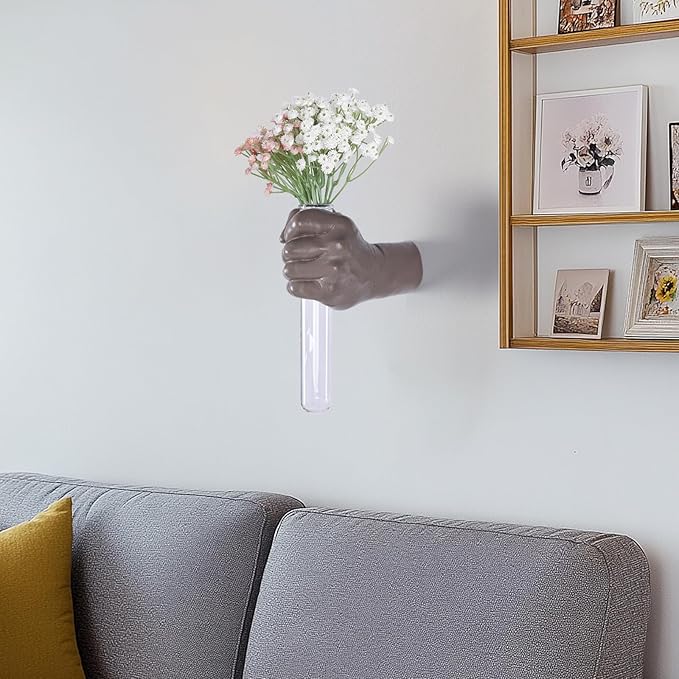 Wall Sculptures, Hand Vases Home Decor, Wall Mount Art Sculpture, Unique Wall Art Statue, Funky Flower Vase Decorations, Modern Eclectic Hanging Decor,Glass Test Tube Vase (Beige)