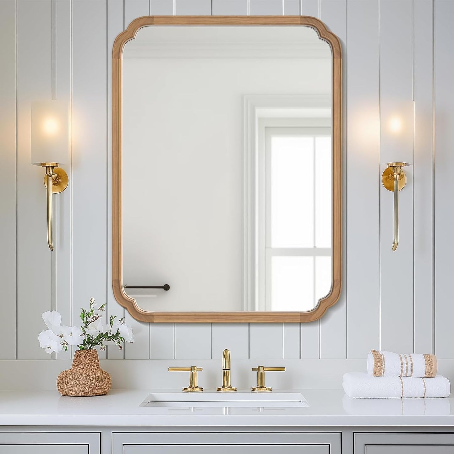 WallBeyond 30" x 40" Rounded Corner Arch Wall Mirror with Wood Frame for Entryway, Living Room or Bedroom Home Decor - Light Woodgrain [30 x 40 inches, Honey-Colored]