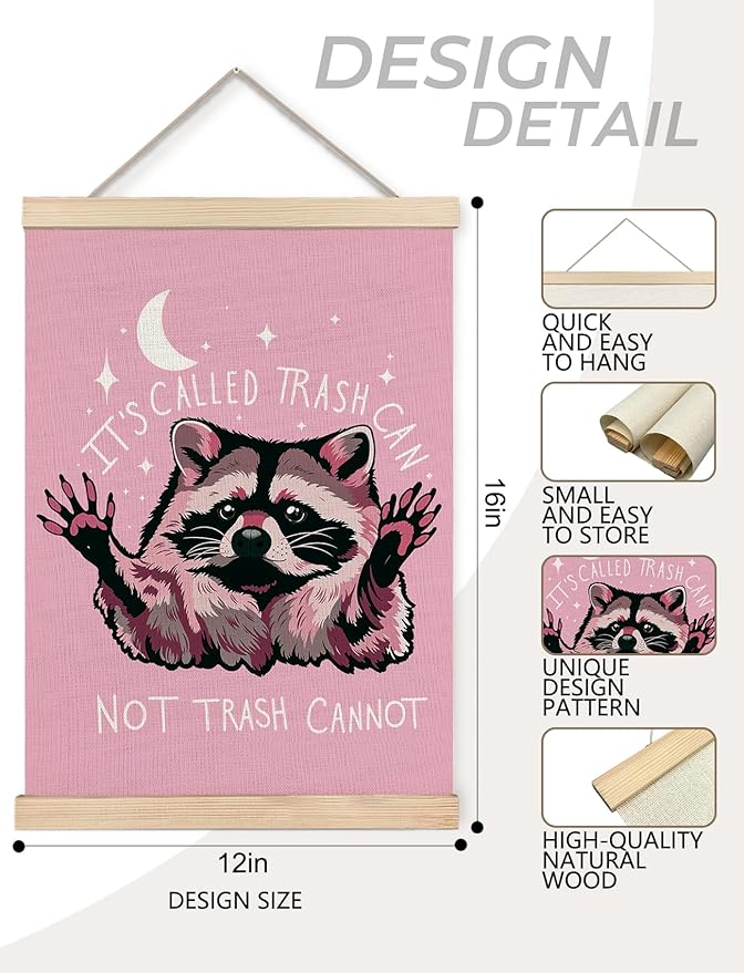 Foritho Funny Motivational Raccoon Meme Poster Wall Art Framed for Office Dorm Home, Sarcastic Work Trash Panda Office Canvas Prints Wall Decor for Coworkers Women Men, 12x16 Inch - Pink