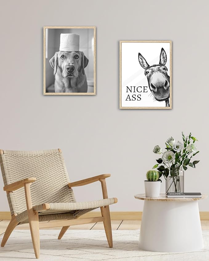 UPWOIGH Funny Donkey Oak Framed Canvas Wall Art, 12x16in Black and White Donkey Print for Bedroom Living Room Bathroom Wall Decor, Humorous Poster Aesthetic Gift Idea, 1Pack