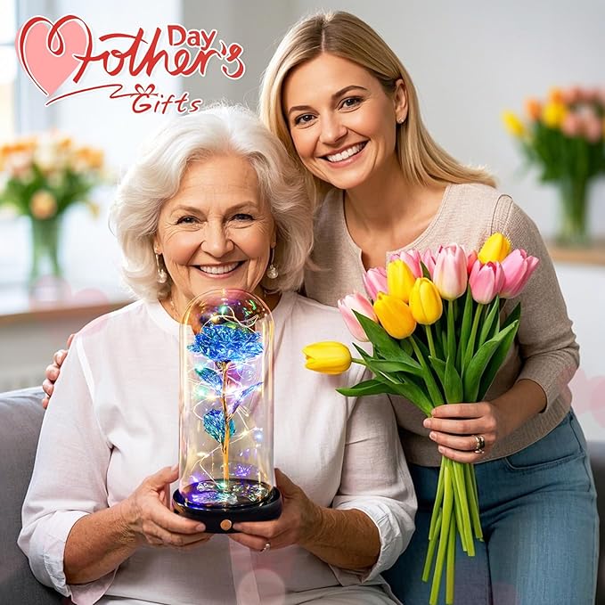 Mothers Day Flowers Gifts for Mom Women Birthday Gift Rechargeable Galaxy Glass Rose in Glass Dome Forever Crystal Eternal Rose Anniversary Mothers Day Roses Gifts for Daughter Wife Women Grandma Blue