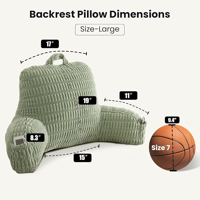 Large Reading Pillow for Sitting Up with Arms,Green Corduroy | Back Pillow for Adults Backrest,19" Sitting Pillow Supports Reading,Gaming & Relaxing in Bed,Couch,Floor