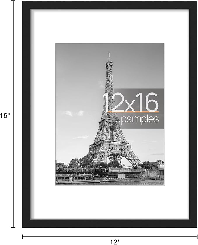 upsimples 12x16 Picture Frame, Display Pictures 8.5x11 with Mat or 12x16 Without Mat, Wall Hanging Photo Frame, Black, 1 Pack