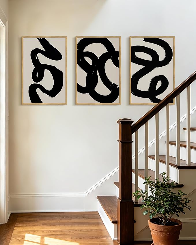 PHOPAGO Black Abstract Modern Framed Wall Art Large 16x24in Ink Wash Minimalist Thick Black Lines Paints Artwork Bedroom Living Room Home Decor - Natural Framed