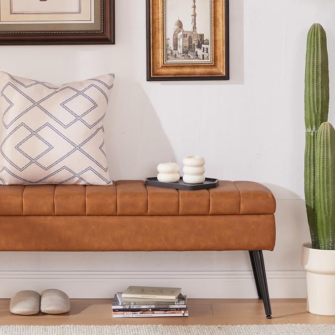 Storage Ottoman Bench, 43.5" Faux Leather Upholstered Entryway Bench, Long Ottoman with Storage for Living Room, Support 660lbs - Cognac Brown
