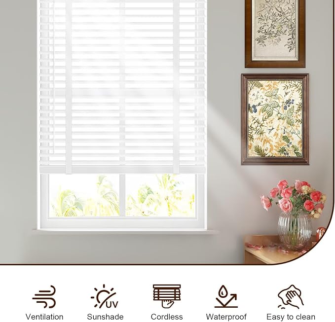 2" Cordless Real Wood Blinds for Indoor Windows, White, 42" W x 64" H | Horizontal Venetian Blinds with Tilt Wand, Light Filtering, Privacy Control, Easy Installation for Bedroom, Living Room