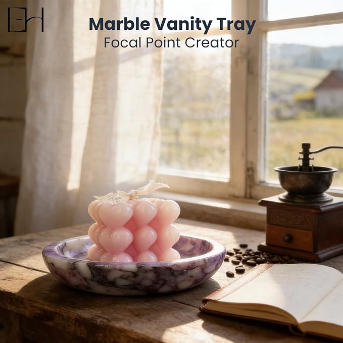 Marble Trinket Dish, Calacatta Marble Tray for Jewelry & Keys, Round Soap Dish & Decorative Stone Bowl Candle Holder for Entryway Table, Bathroom, Vanity (Viola, 5.5 INCH)