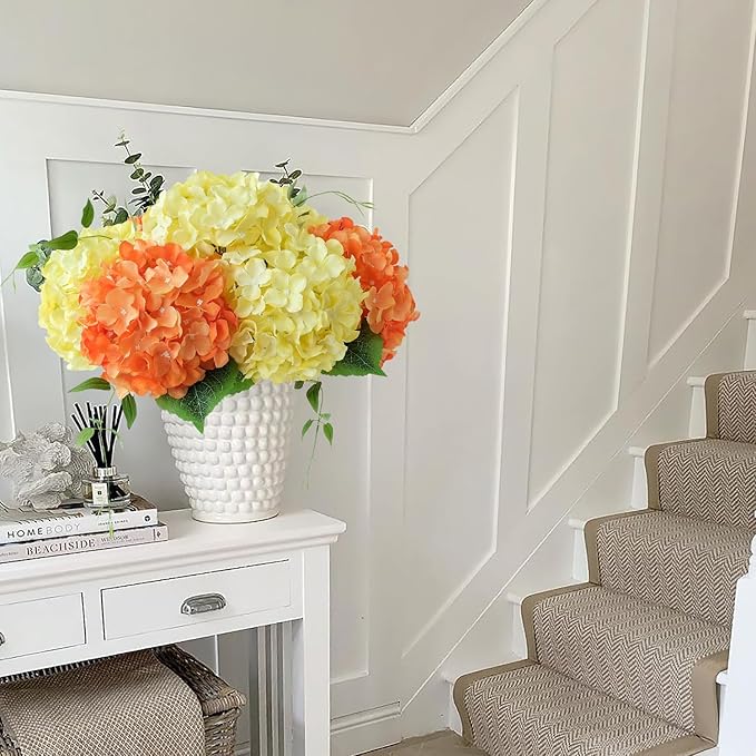 JINWOE Yellow Fake Hydrangea Flower Heads with Stems, 5Pcs 20Inch Full Fake Flowers for Wedding Home Garden Indoor Bouquet Table Centerpieces Floral Arrangements
