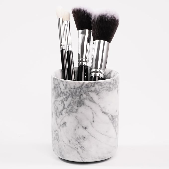 Marble Toothbrush Pen Holder - White Pencil Cup For Office Desk Aesthetic, Toothpaste Makeup Brush Organizer For Bathroom Sink Vanity Accessories, Utensil Container For Kitchen Countertop
