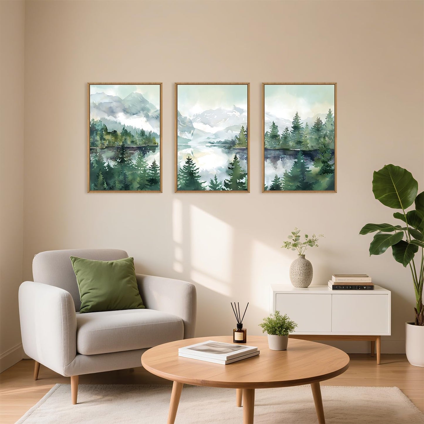 Watercolor Mountain Framed Canvas Wall Art Set, Boho Forest Wall Decor, Nature Green Pines Wall Painting, Forest Wilderness Artwork for Living Room, Bedroom, Dining Room, Office - 16"x24"x3